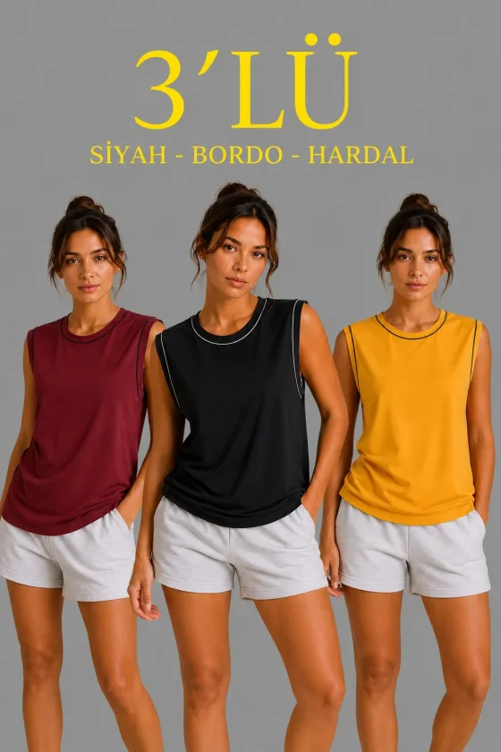 3’lü Kolsuz Sporcu Atlet Seti Yazlık Bisiklet Yaka - Siyah, Bordo, Hardal 3’lü Kolsuz Sporcu Atlet Seti Yazlık Bisiklet Yaka - Siyah, Bordo, Hardal - Görsel 1