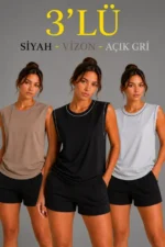 3’lü Kolsuz Sporcu Atlet Seti Yazlık Bisiklet Yaka - Siyah, Kahverengi, Gri
