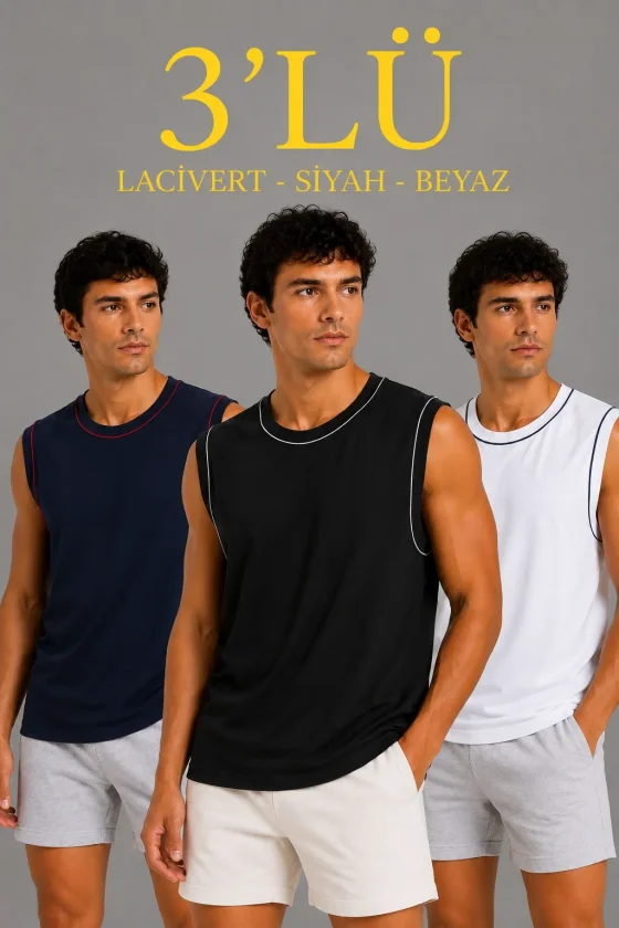 TY6a0df98be05c06a0df98be05c1.webp Erkek 3’lü Kolsuz Sporcu Atlet Seti Yazlık Bisiklet Yaka - Siyah, Lacivert, Beyaz - Görsel 1