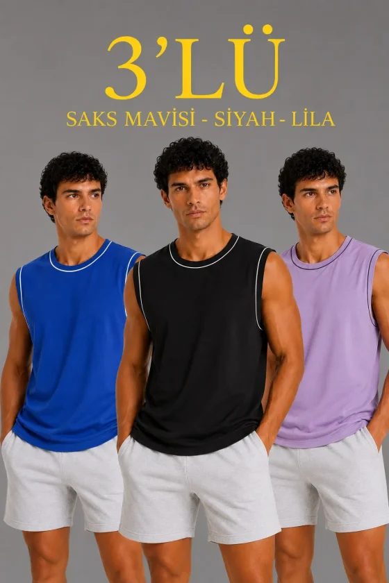TY6a0df99e4fde36a0df99e4fde5.webp Erkek 3’lü Kolsuz Sporcu Atlet Seti Yazlık Bisiklet Yaka - Siyah, Lila, Saks Mavisi - Görsel 1