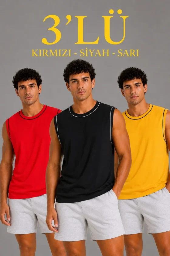 TY6a0df9a6a9a5e6a0df9a6a9a61.webp Erkek 3’lü Kolsuz Sporcu Atlet Seti Yazlık Bisiklet Yaka - Siyah, Kırmızı, Sarı - Görsel 1