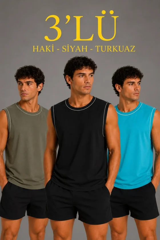 TY6a0df9b7921a96a0df9b7921ac.webp Erkek 3’lü Kolsuz Sporcu Atlet Seti Yazlık Bisiklet Yaka - Siyah, Haki, Açık Mavi - Görsel 1