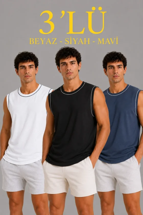 TY6a0df9c00600d6a0df9c00600f.webp Erkek 3’lü Kolsuz Sporcu Atlet Seti Yazlık Bisiklet Yaka - Siyah, Beyaz, İndigo - Görsel 1