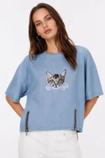 Erkek Baskılı T-Shirt Kısa Kol Bisiklet Yaka Rahat Kalıp Tişört - Mavi
