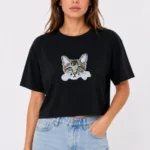 Kedi Baskılı Oversize Crop Tişört Salaş Basic Yarım Kol T-shirt - Siyah