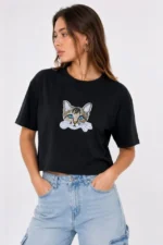Kedi Baskılı Oversize Crop Tişört Salaş Basic Yarım Kol T-shirt - Siyah - Görsel 2