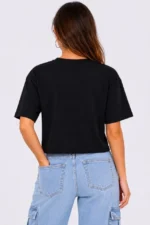 Kedi Baskılı Oversize Crop Tişört Salaş Basic Yarım Kol T-shirt - Siyah - Görsel 3