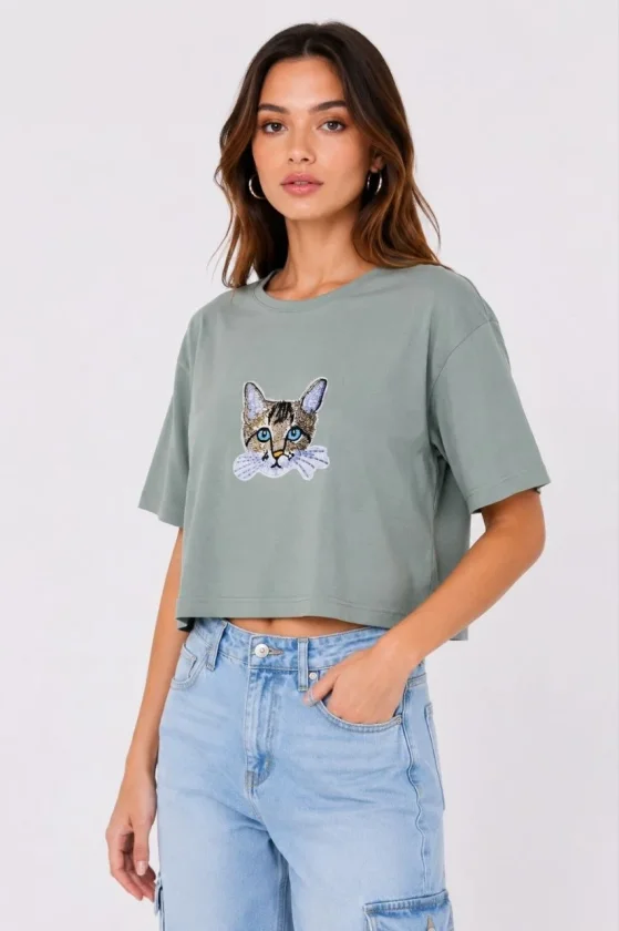 TY6a1f1d15dae4b6a1f1d15dae4d.webp Kedi Baskılı Oversize Crop Tişört Salaş Basic Yarım Kol T-shirt - Mint Yeşili - Görsel 1