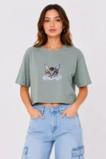 Kedi Baskılı Oversize Crop Tişört Salaş Basic Yarım Kol T-shirt - Mint Yeşili - Görsel 2