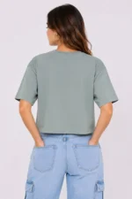 Kedi Baskılı Oversize Crop Tişört Salaş Basic Yarım Kol T-shirt - Mint Yeşili - Görsel 3