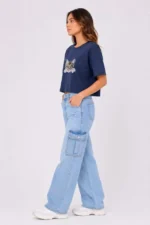 Kedi Baskılı Oversize Crop Tişört Salaş Basic Yarım Kol T-shirt - Lacivert - Görsel 2