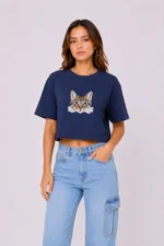 Kedi Baskılı Oversize Crop Tişört Salaş Basic Yarım Kol T-shirt - Lacivert - Görsel 3