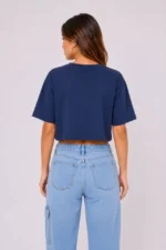 Kedi Baskılı Oversize Crop Tişört Salaş Basic Yarım Kol T-shirt - Lacivert - Görsel 4