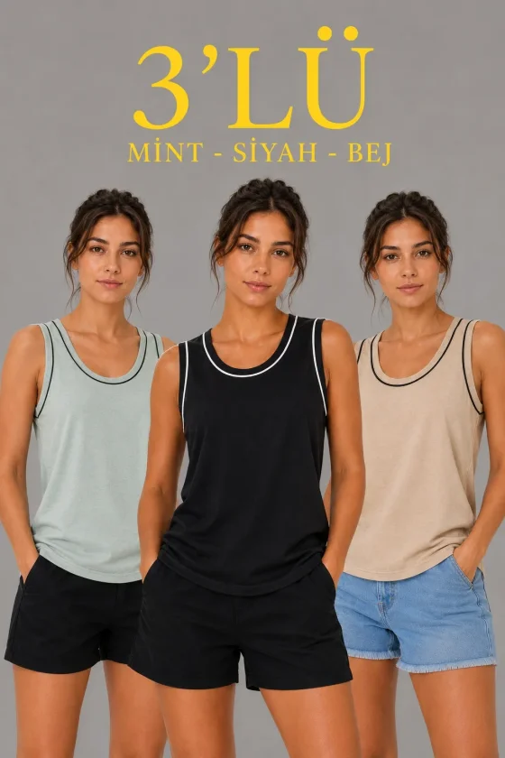 TY6a27f5387b8626a27f5387b865.webp 3’lü Kolsuz Sporcu Atlet Seti Yazlık Bisiklet Yakalı - Mint Yeşili, Siyah, Bej - Görsel 1