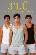 Erkek 3’lü Kolsuz Sporcu Atlet Seti Yazlık Bisiklet Yakalı - Mint Yeşili, Siyah, Beyaz