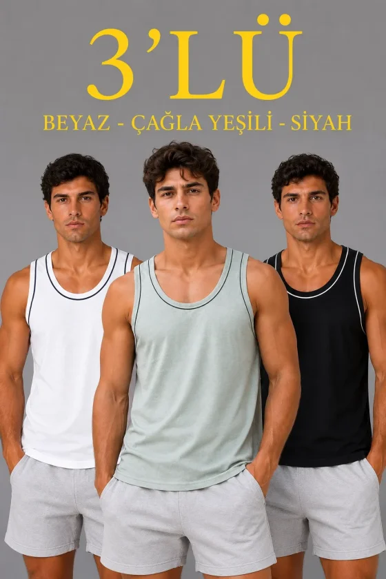 TY6a283470cebaa6a283470cebae.webp Erkek 3’lü Kolsuz Sporcu Atlet Seti Yazlık Bisiklet Yakalı - Mint Yeşili, Siyah, Beyaz - Görsel 1