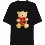 14 Şubat Sevgililer Günü I Love You Ayı Baskılı Oversize Bisiklet Yaka T-shirt - Siyah