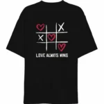 14 Şubat Sevgililer Günü Love Always Wins Baskılı Oversize Bisiklet Yaka T-shirt - Siyah