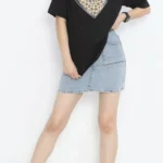 14 Şubat Sevgililer Günü Leopar Kalp Baskılı Oversize Bisiklet Yaka T-shirt - Siyah