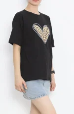 14 Şubat Sevgililer Günü Leopar Kalp Baskılı Oversize Bisiklet Yaka T-shirt - Siyah - Görsel 2
