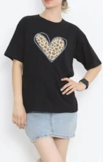 14 Şubat Sevgililer Günü Leopar Kalp Baskılı Oversize Bisiklet Yaka T-shirt - Siyah - Görsel 3