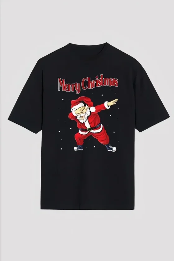 TY6a299b04b60366a299b04b6038.webp Yılbaşı Merry Christmas Noel Baba Baskılı Oversize Bisiklet Yaka T-shirt - Siyah - Görsel 1