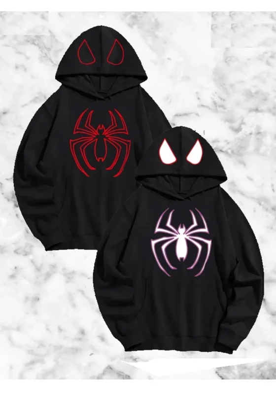 TY6a299b1ec70936a299b1ec7094.webp Sevgili Çift Kombini Örümcek Baskılı Kapüşonlu Sweatshirt Hoodie - Siyah - Görsel 1