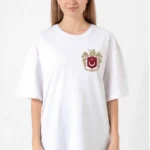 Türk Arma Baskılı Oversize Bisiklet Yaka Günlük T-shirt - Beyaz