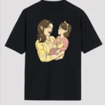 Anneler Günü Hediye Anne Kız Temalı Baskılı Oversize Bisiklet Yaka T-shirt - Siyah