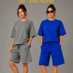 2’li Oversize Tişört Şort Takım Seti Yazlık İki İplik Kumaş - Gri, Saks Mavisi