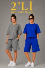 2’li Oversize Tişört Şort Takım Seti Yazlık İki İplik Kumaş - Gri, Saks Mavisi