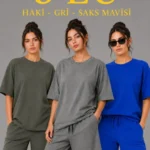 3’lü Oversize Tişört Şort Takım Seti Yazlık İki İplik Kumaş - Gri, Saks Mavisi, Haki