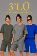 3’lü Oversize Tişört Şort Takım Seti Yazlık İki İplik Kumaş - Gri, Saks Mavisi, Haki