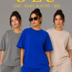 3’lü Oversize Tişört Şort Takım Seti Yazlık İki İplik Kumaş - Gri, Saks Mavisi, Bej