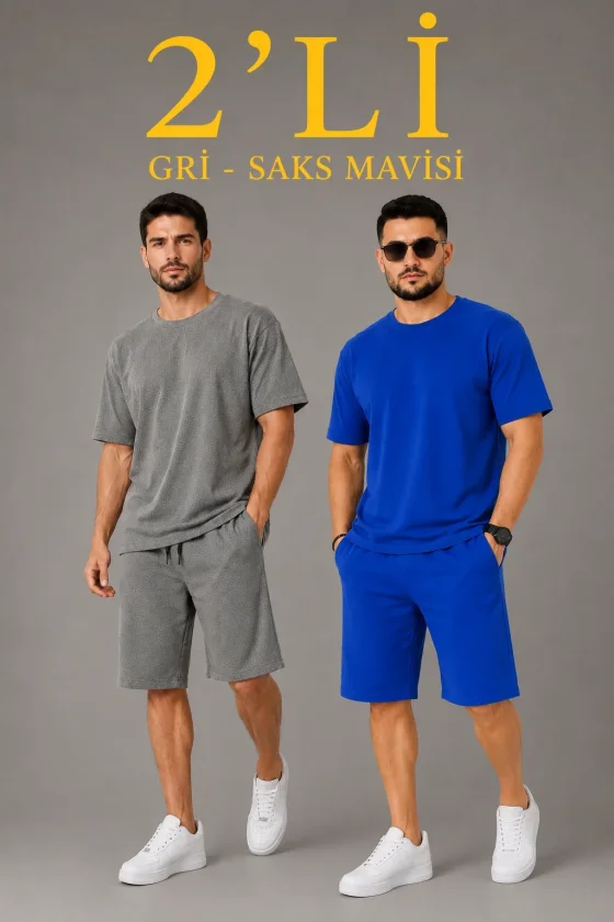 TY6a3aa97c8ed206a3aa97c8ed22.webp Erkek 2’li Oversize Tişört Şort Takım Seti Yazlık İki İplik Kumaş - Gri, Saks Mavisi - Görsel 1