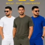 Erkek 2’li Oversize Tişört Şort Takım Seti Yazlık İki İplik Kumaş - Gri, Saks Mavisi, Haki