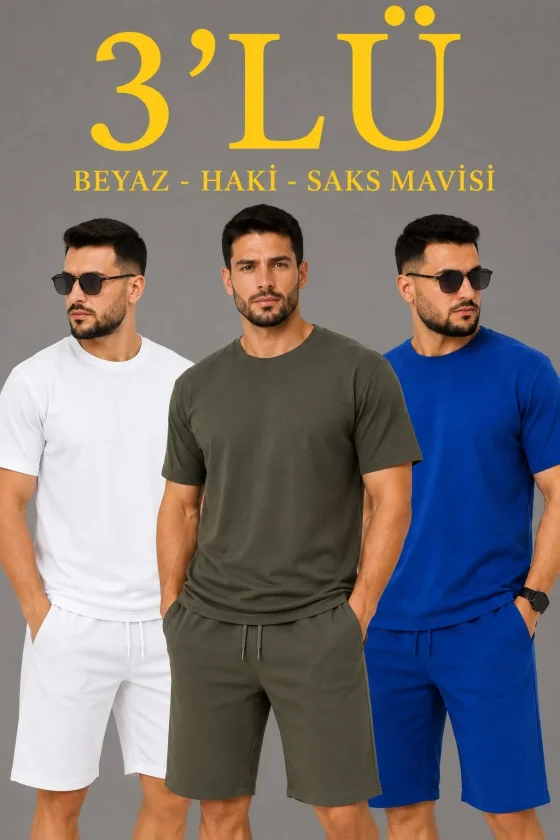 TY6a3ab069c02886a3ab069c028a.webp Erkek 2’li Oversize Tişört Şort Takım Seti Yazlık İki İplik Kumaş - Gri, Saks Mavisi, Haki - Görsel 1