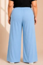 Battal Beden Bürümcük Kumaş Beli Lastikli Bağcıklı Bol Paça Palazzo Pantolon - Bebek Mavisi - Görsel 4