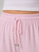 Battal Beden Bürümcük Kumaş Beli Lastikli Bağcıklı Bol Paça Palazzo Pantolon - Pembe - Görsel 2