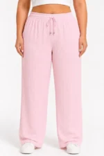 Battal Beden Bürümcük Kumaş Beli Lastikli Bağcıklı Bol Paça Palazzo Pantolon - Pembe - Görsel 3