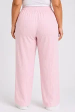 Battal Beden Bürümcük Kumaş Beli Lastikli Bağcıklı Bol Paça Palazzo Pantolon - Pembe - Görsel 4
