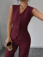 Kadın Askılı önden Düğmeli Bluz Ve Pantolon Keten Ikili Takım - Görsel 2