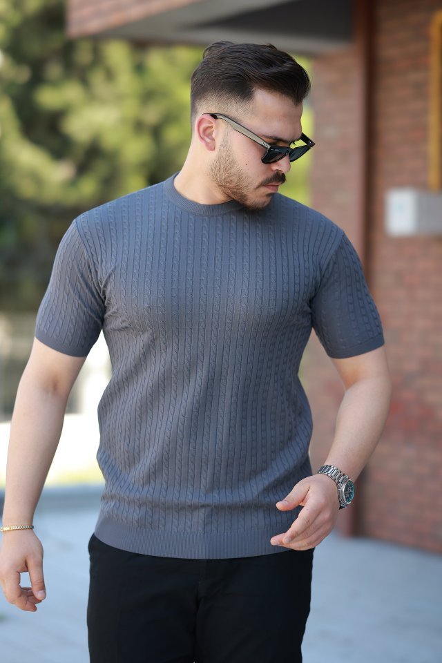 a7d1b2847dc7a30a30ac970bac27a314.jpg Erkek Bisiklet Yaka örgü Desenli Kısa örme Triko Kısa Kollu T-shirt - Görsel 1