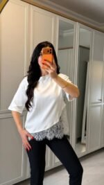 Kısa Kollu Bısıklet Yakalı Dantel Detaylı Vıskon ıkı ıplık Bluz - Görsel 3