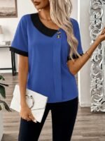 Kadın Kısa Kollu Asımetrik Yaka Detaylı Düğmeli Dubai Bluz - Görsel 3