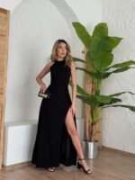 Kadın Halter Yaka Derin Yırtmaç Detaylı Tam Boy Ithal Krep Abiye Elbise - Görsel 3