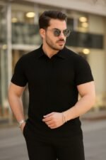 Erkek Kısa Kollu Yakalı çizgi Desenli Triko Bluz - Görsel 2