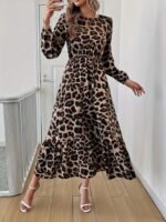 Uzun Kollu Bisiklet Yaka Leopar Desenli Midi Süprem Elbise - Görsel 4