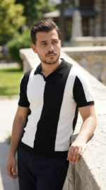 Erkek Kısa Kollu Polo Yakalı Blok Desenli Triko Bluz - Görsel 6