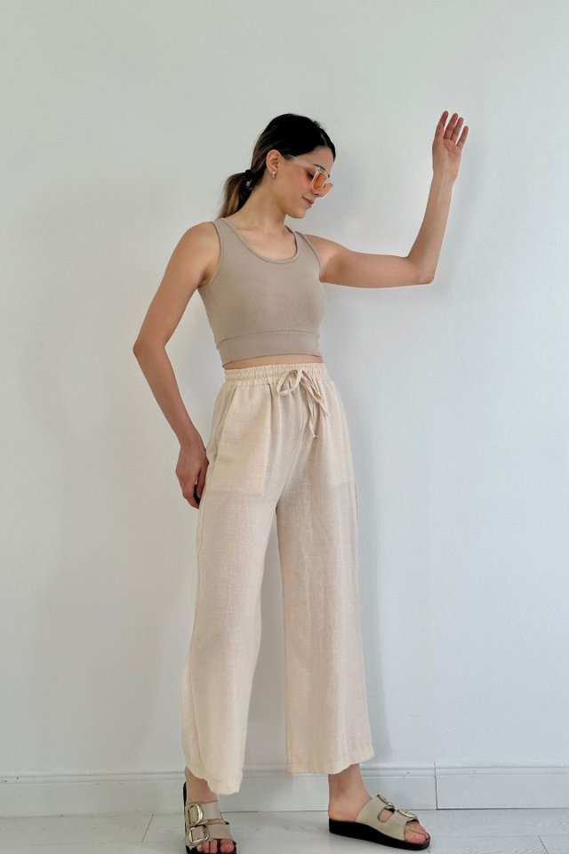 c67954eff57348de577a.jpg Bej Keten Pantolon - Görsel 1